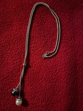 Sterling Silver Slider Necklace with Black and White Pearl Drops